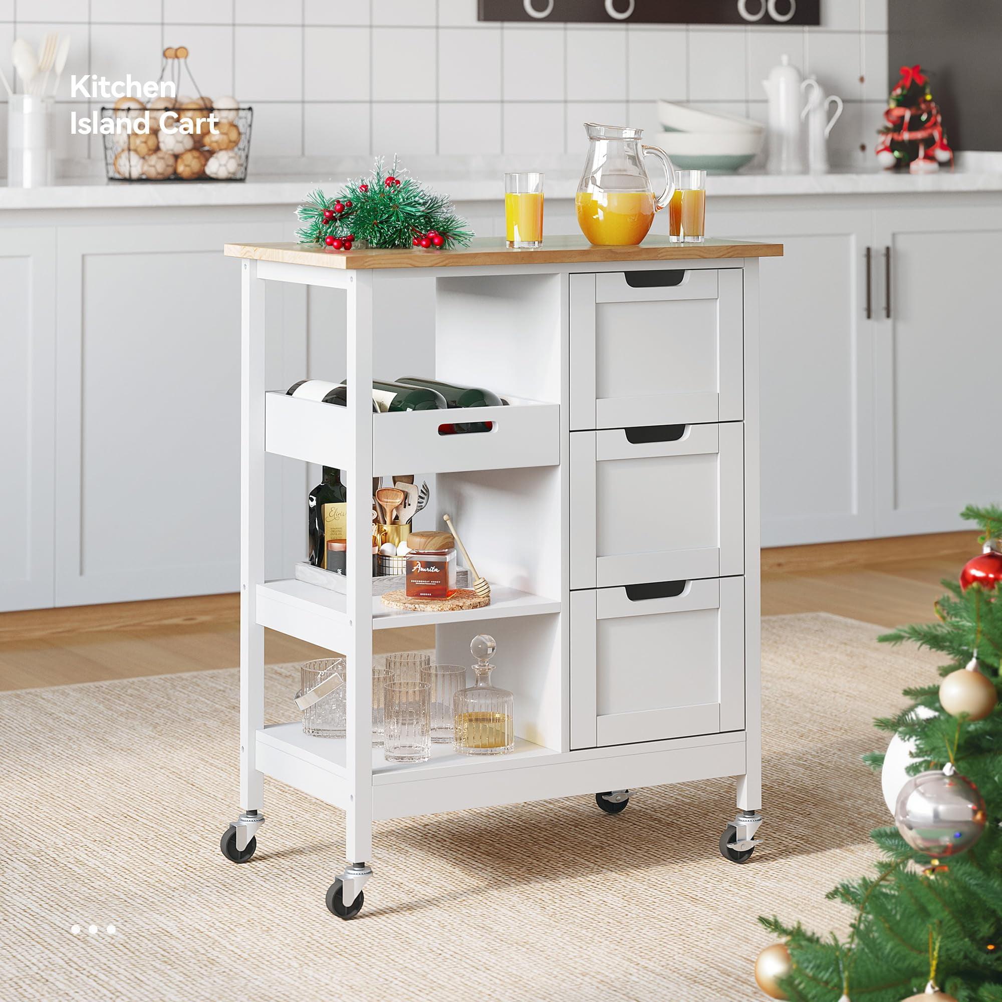 Small Solid Wood Top Kitchen Island Cart on Wheels with Storage, Rolling Portable Dining Room Serving Utility Carts Mobile Movable with 3 Drawers Cabinet, Oak & White