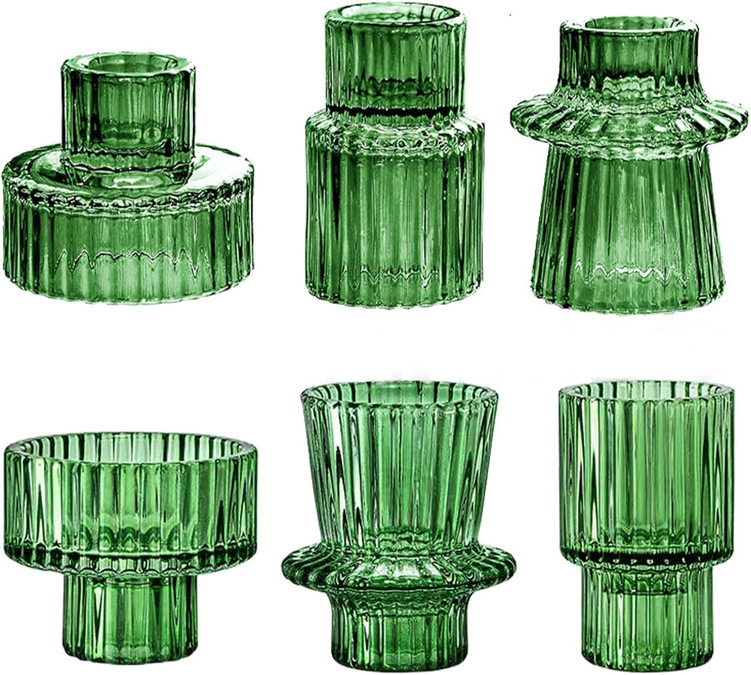 Green Glass Taper Candle Holders Set of 6