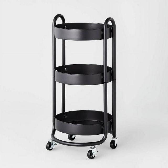 3 Tier Round Metal Utility Cart Black - Brightroom™: Rolling Storage with Casters, Powder-Coated Steel, 31.44" Height