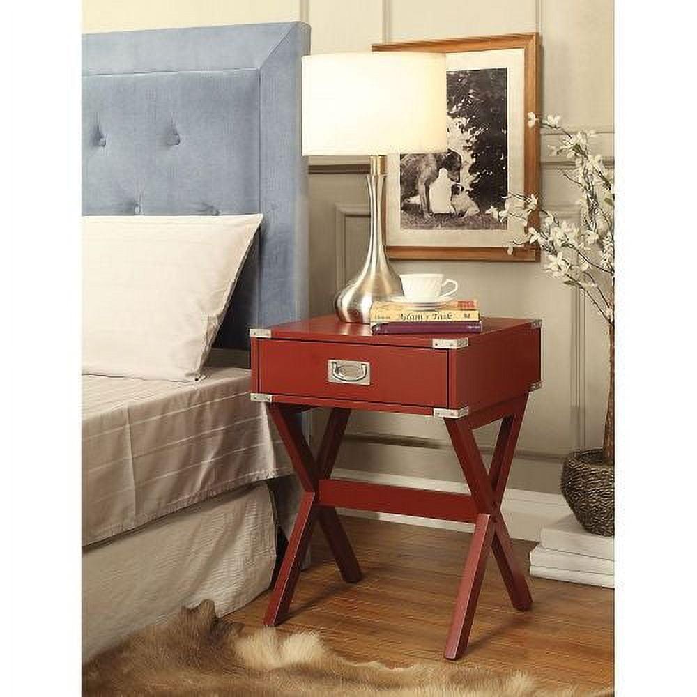 Red Square Wooden End Table with Metal Accents and Storage