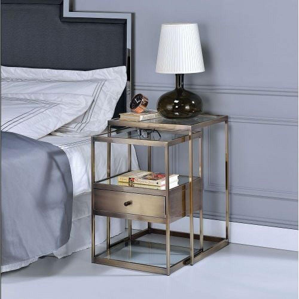 ACME Enca 2 Pieces Nesting Table in Clear Glass and Antique Brass