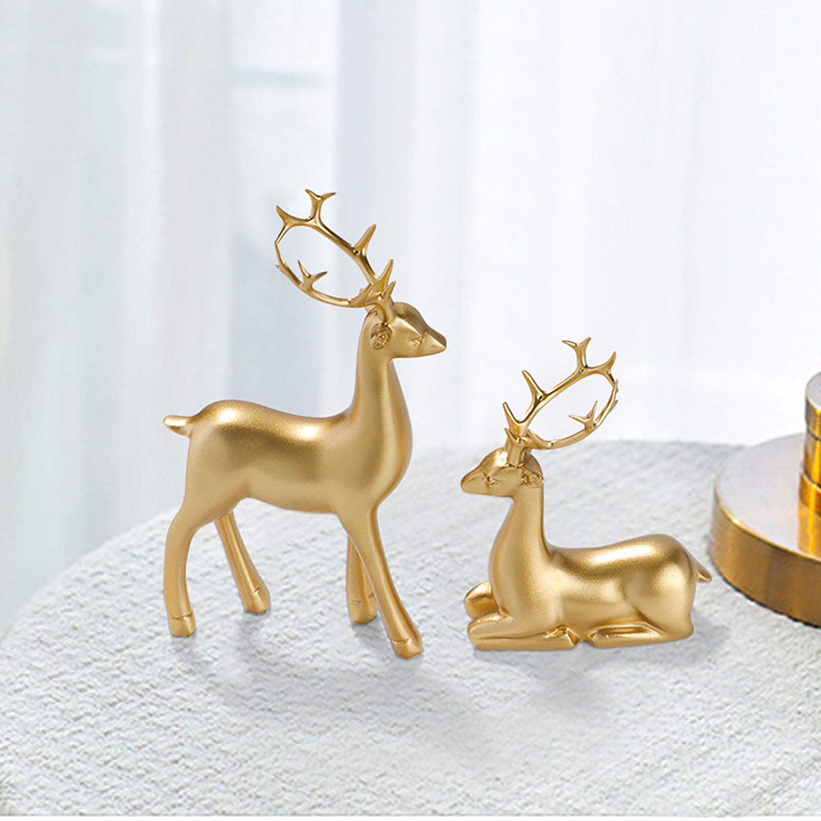 Gold Resin Winter Deer Sculpture Set