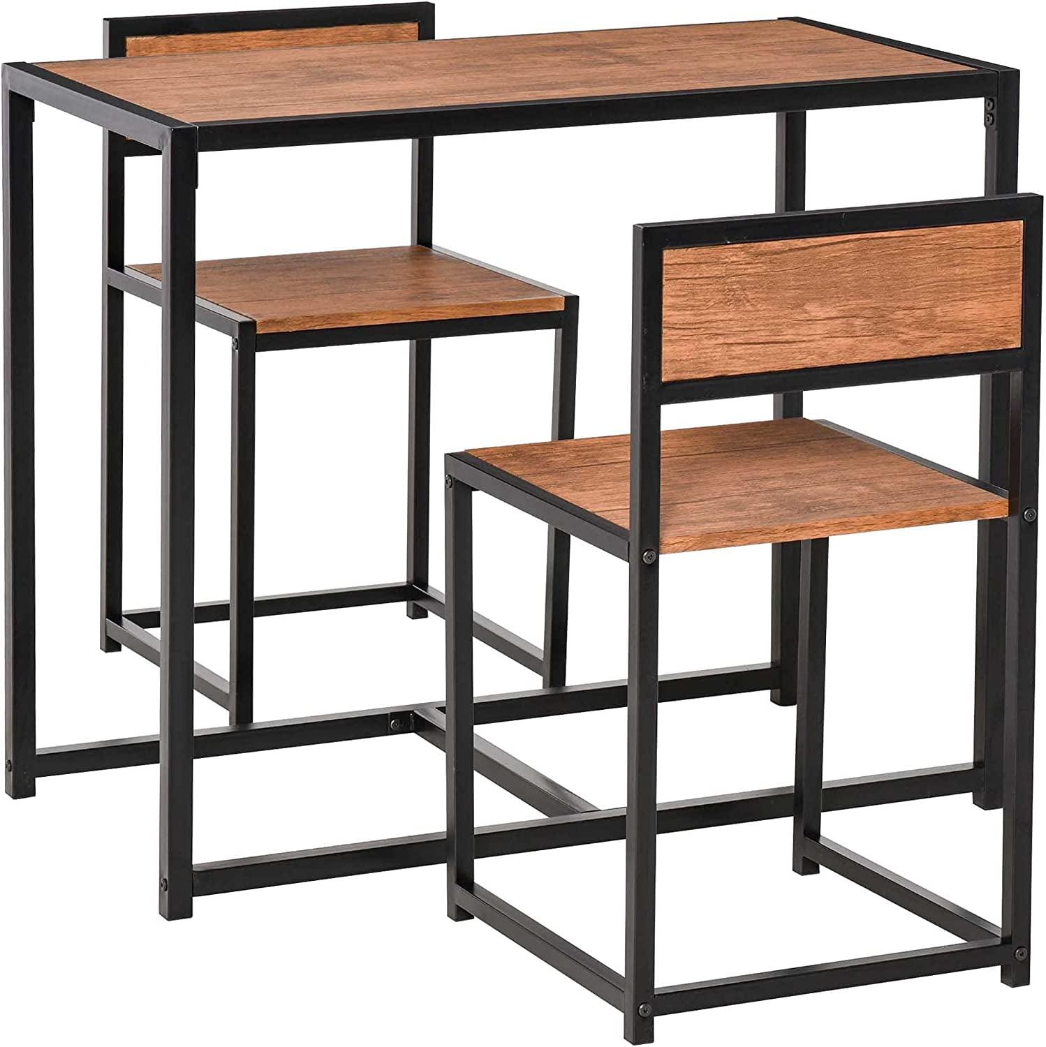 Industrial Black Metal and Wood 3-Piece Dining Set for Small Spaces