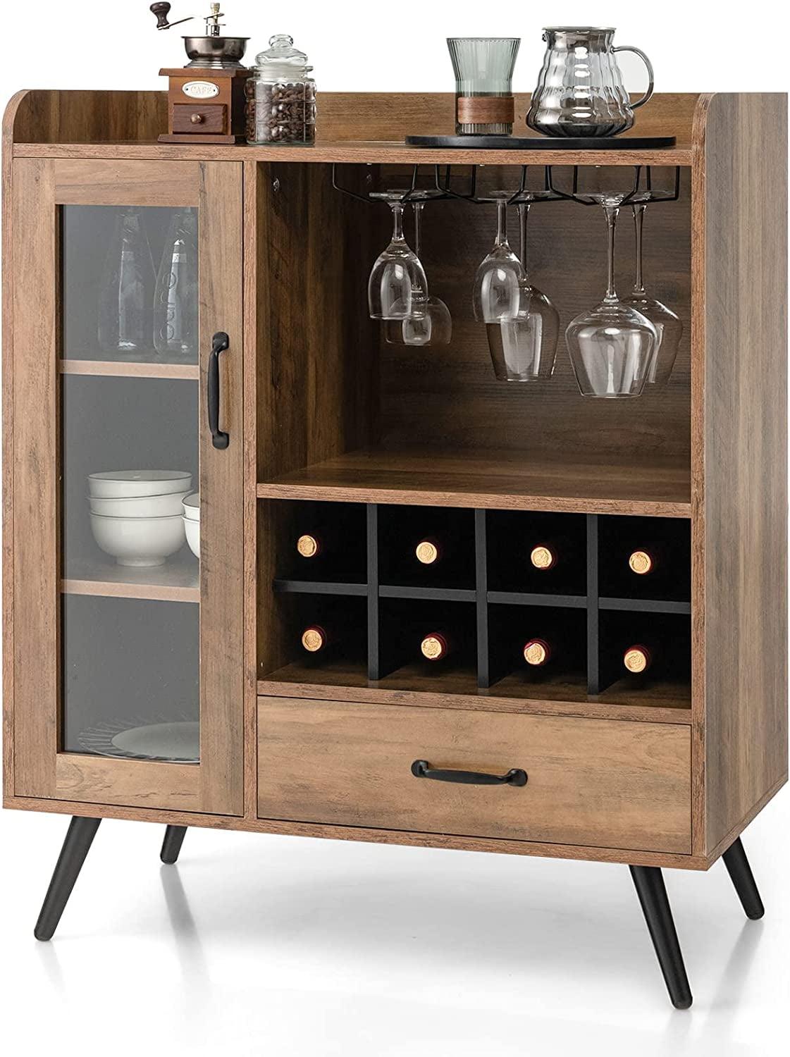 Tangkula Liquor Bar Cabinet Storage Buffet Sideboard Credenza w/ Rack & Glass Holder