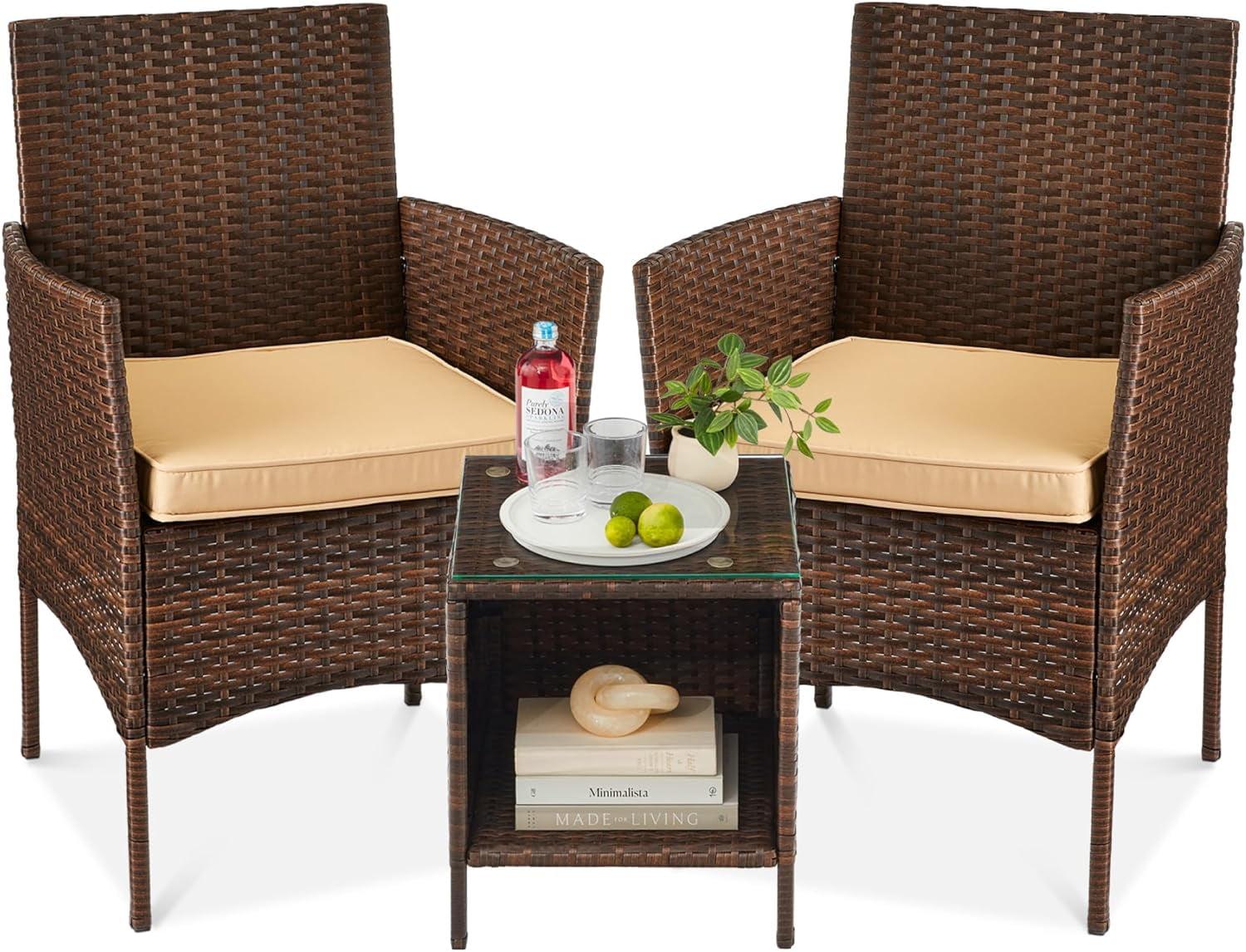 Best Choice Products 3-Piece Outdoor Wicker Conversation Patio Bistro Set, w/ 2 Chairs, Table - Brown/Tan