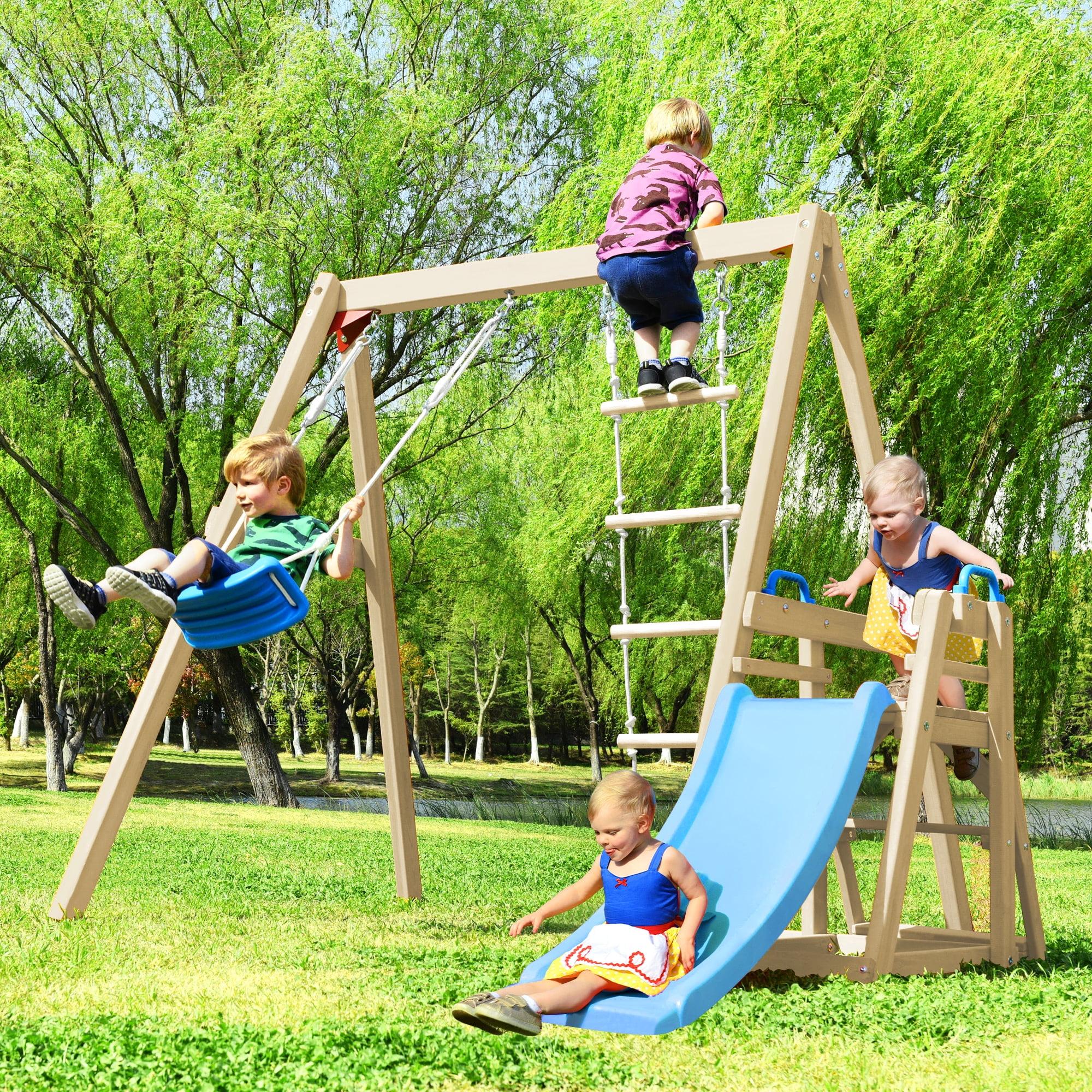 Wooden Swing Set with Slide