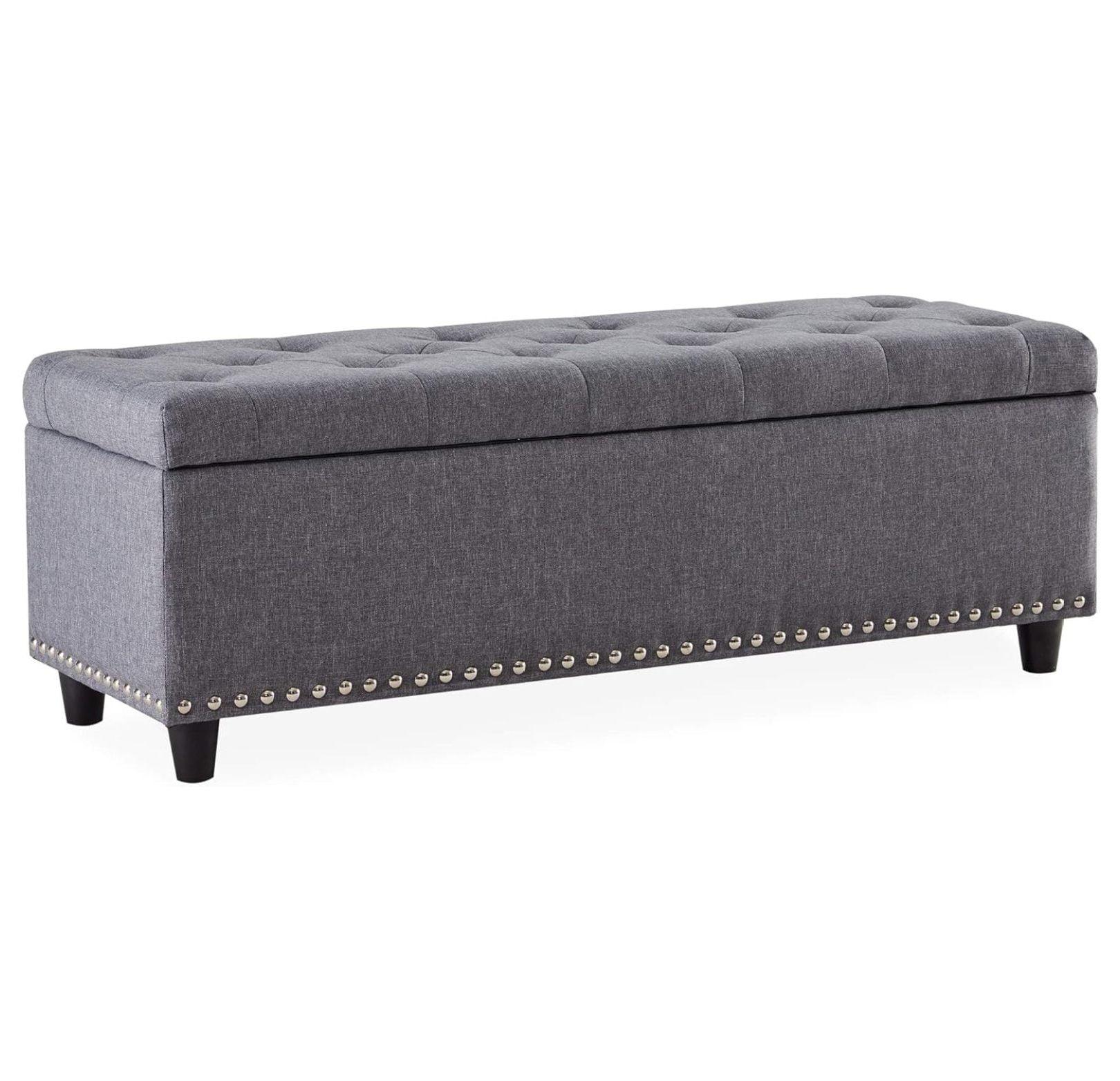 Gray Linen Tufted Storage Ottoman Bench with Nailhead Trim