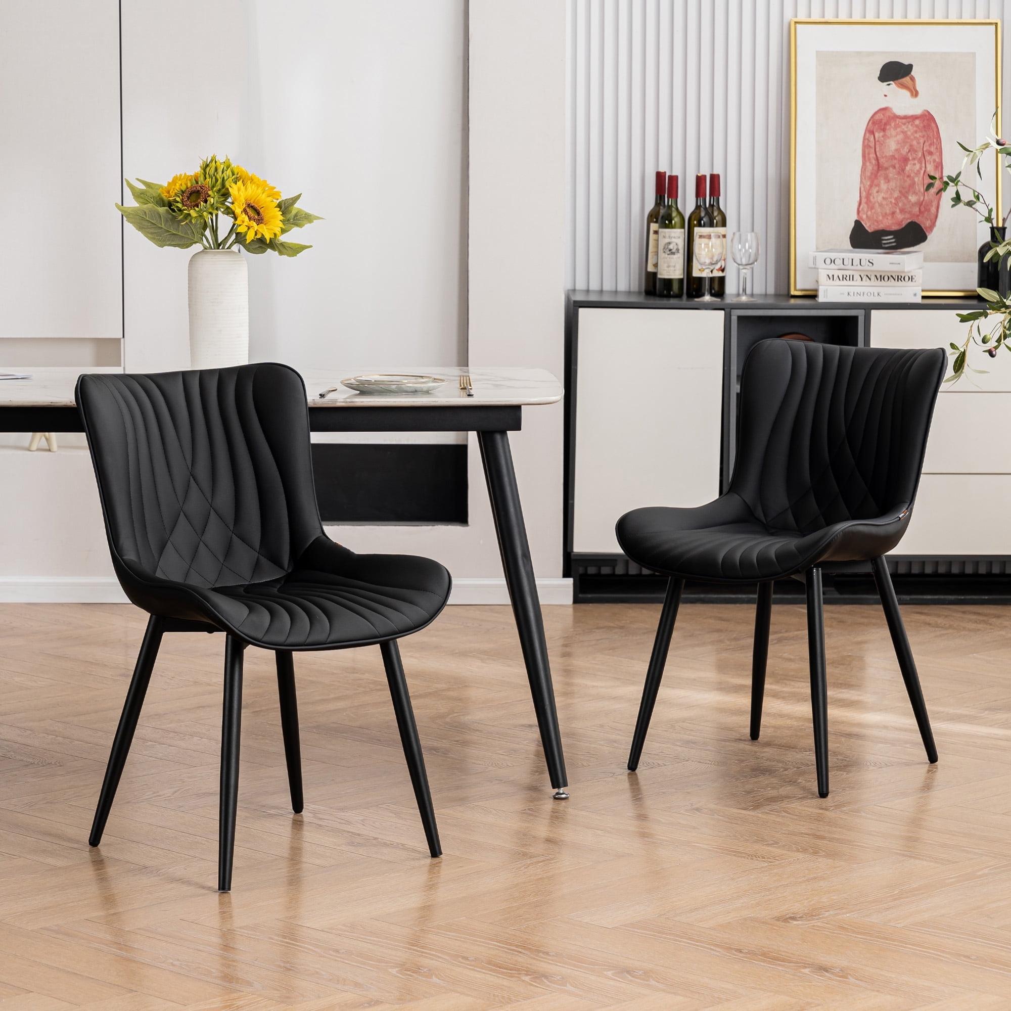 Office Chair, Mid Century Modern Upholstered Dining Chairs, Chair, 2 PCS leather Upholstered Dining Chair, with Backrest and Metal Legs, Dining Room, Bedroom, Office, Meeting Room, Black-stripe