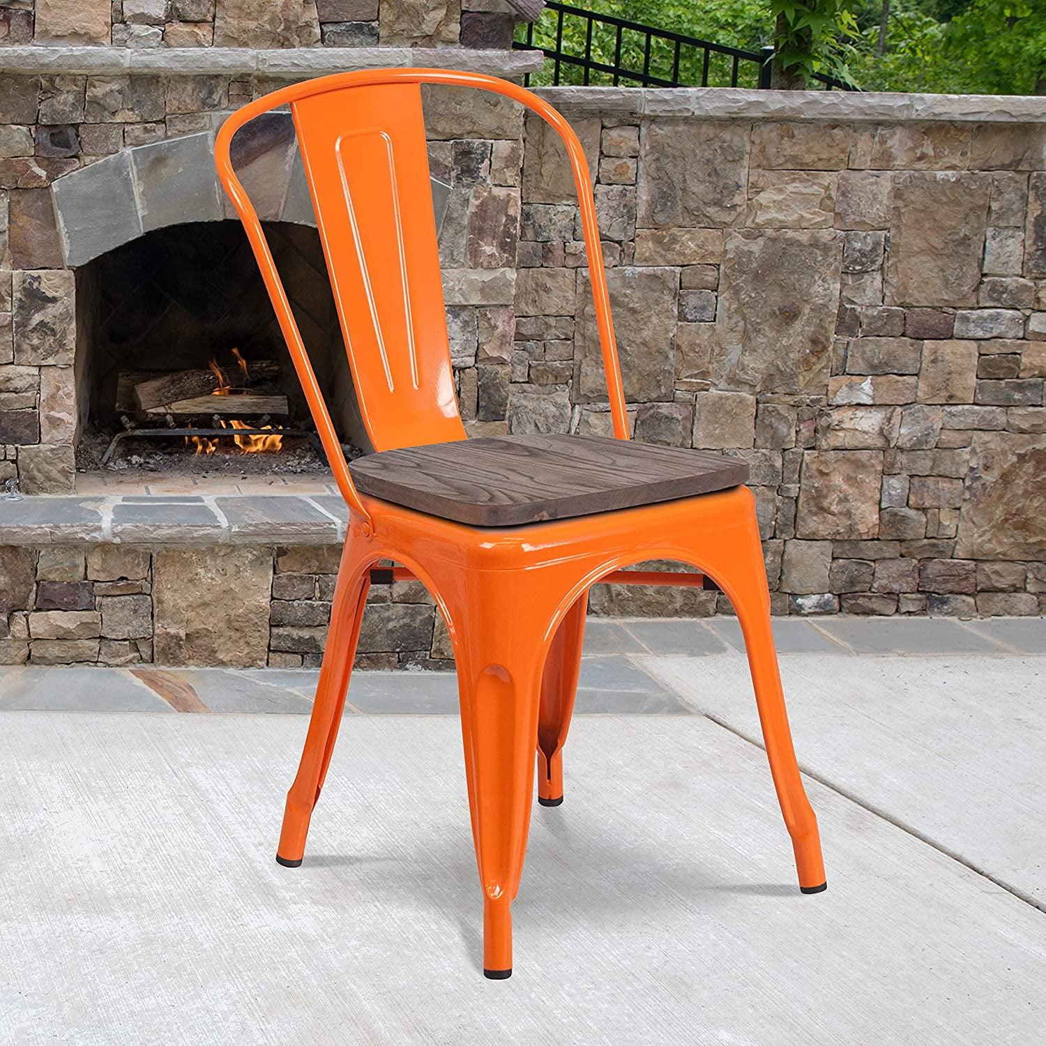 Orange Metal Stackable Chair with Wood Seat