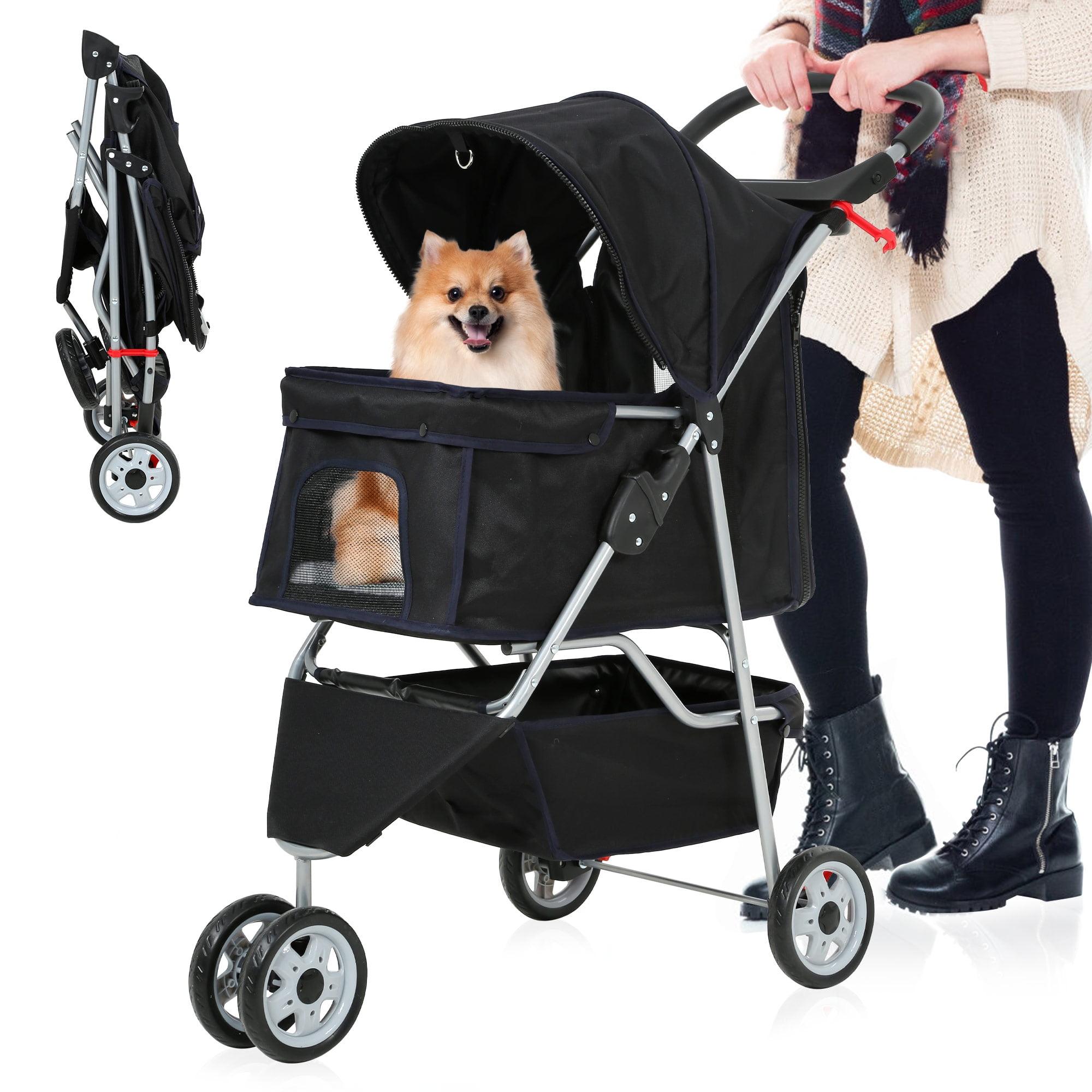 Black Foldable Pet Stroller with Mesh Windows and Storage