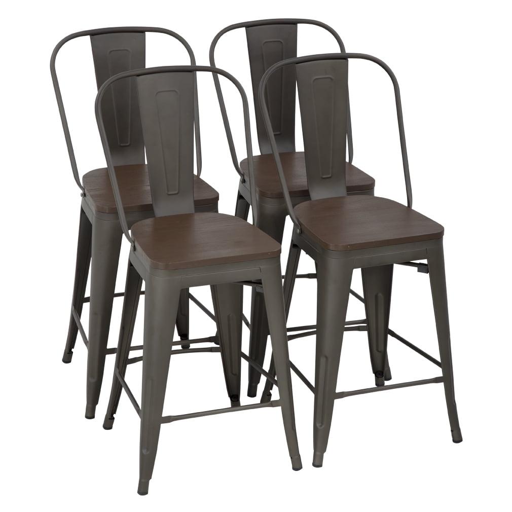 YRLLENSDAN Modern Bar Stool Set of 4 Counter Height Barstool with Back 24 Inches Seat Height Industrial Bar Chairs Indoor Outdoor Metal Kitchen Stools Restaurant Patio Stool Stackable, Bronze