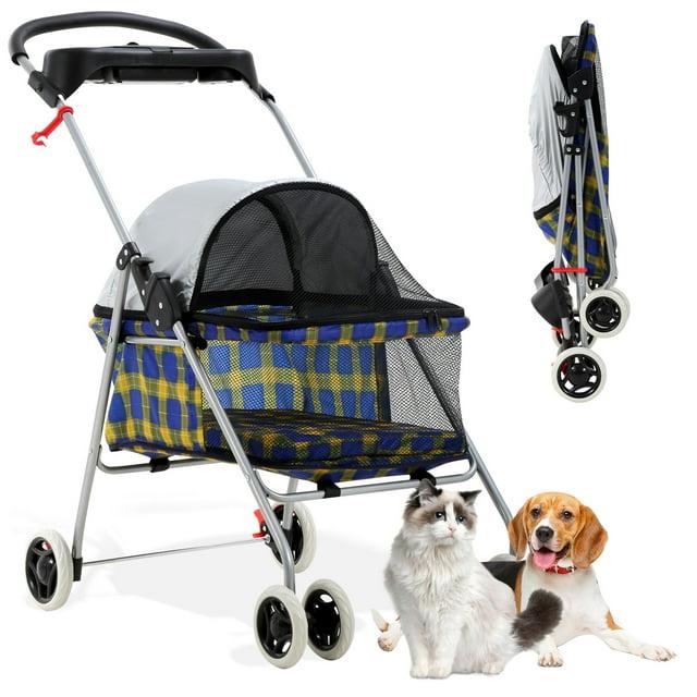 FDW 4 Wheels Pet Stroller Cat Dog Stroller Portable Folding Travel Carrier Strolling Cart Waterproof with Storage Basket,Mesh Windows, Yellow Plaid