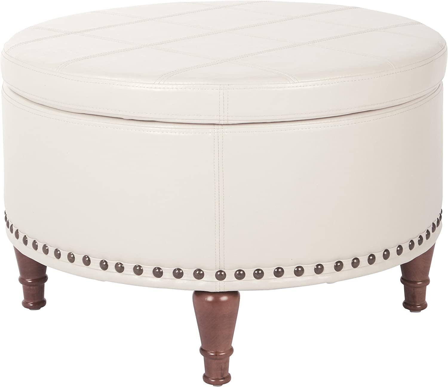 Alloway Cream Faux Leather Round Storage Ottoman with Antique Bronze Nailheads