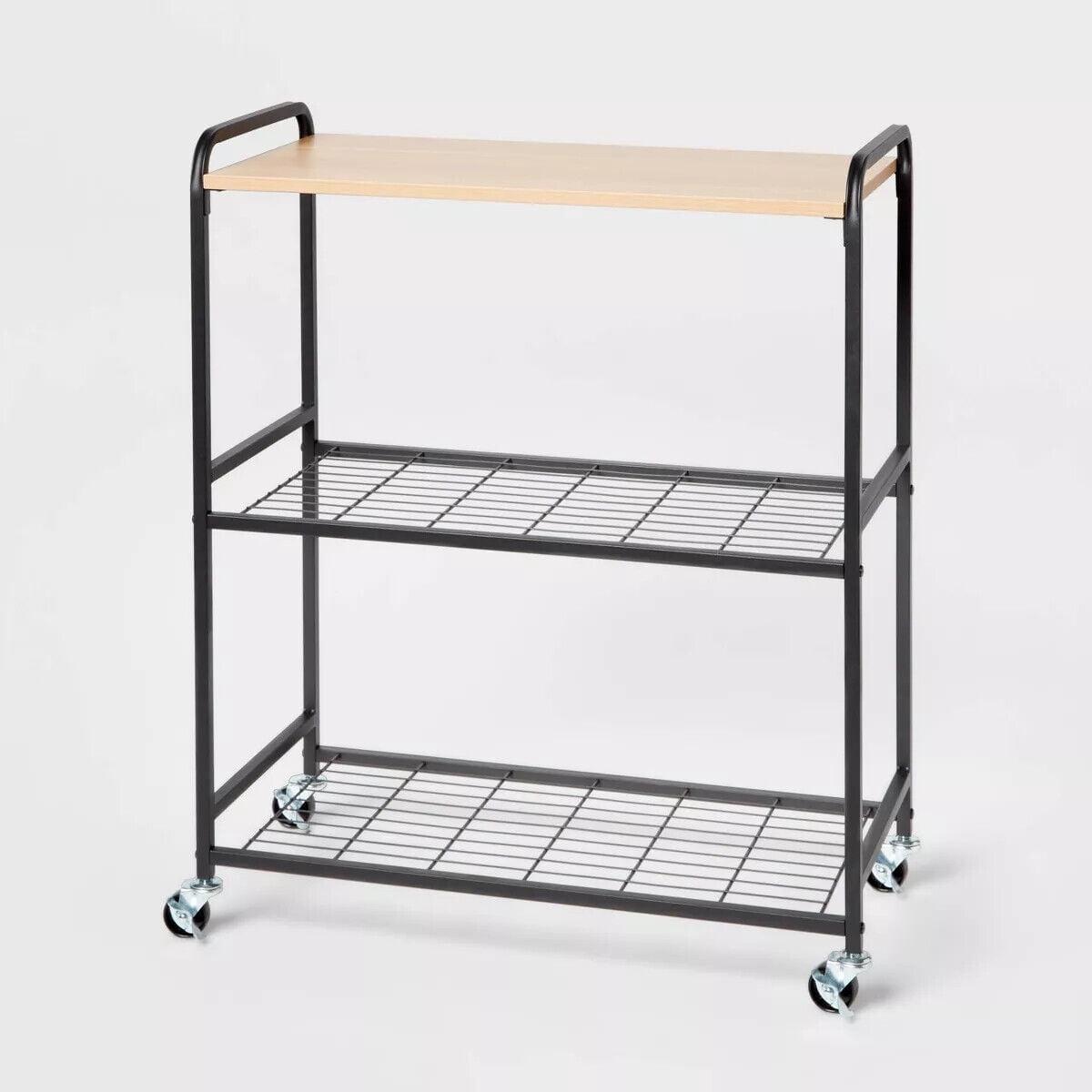 Three-Tier Black Metal and Natural Wood Storage Cart