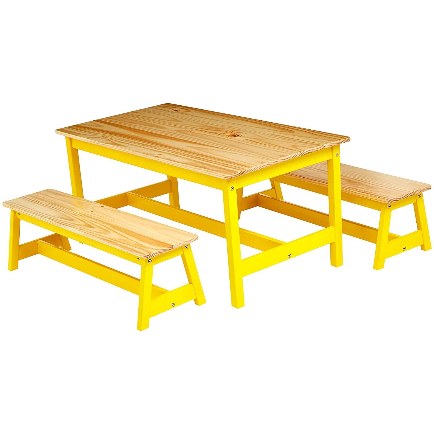 Natural Pine Indoor Kids Table and Yellow Bench Set