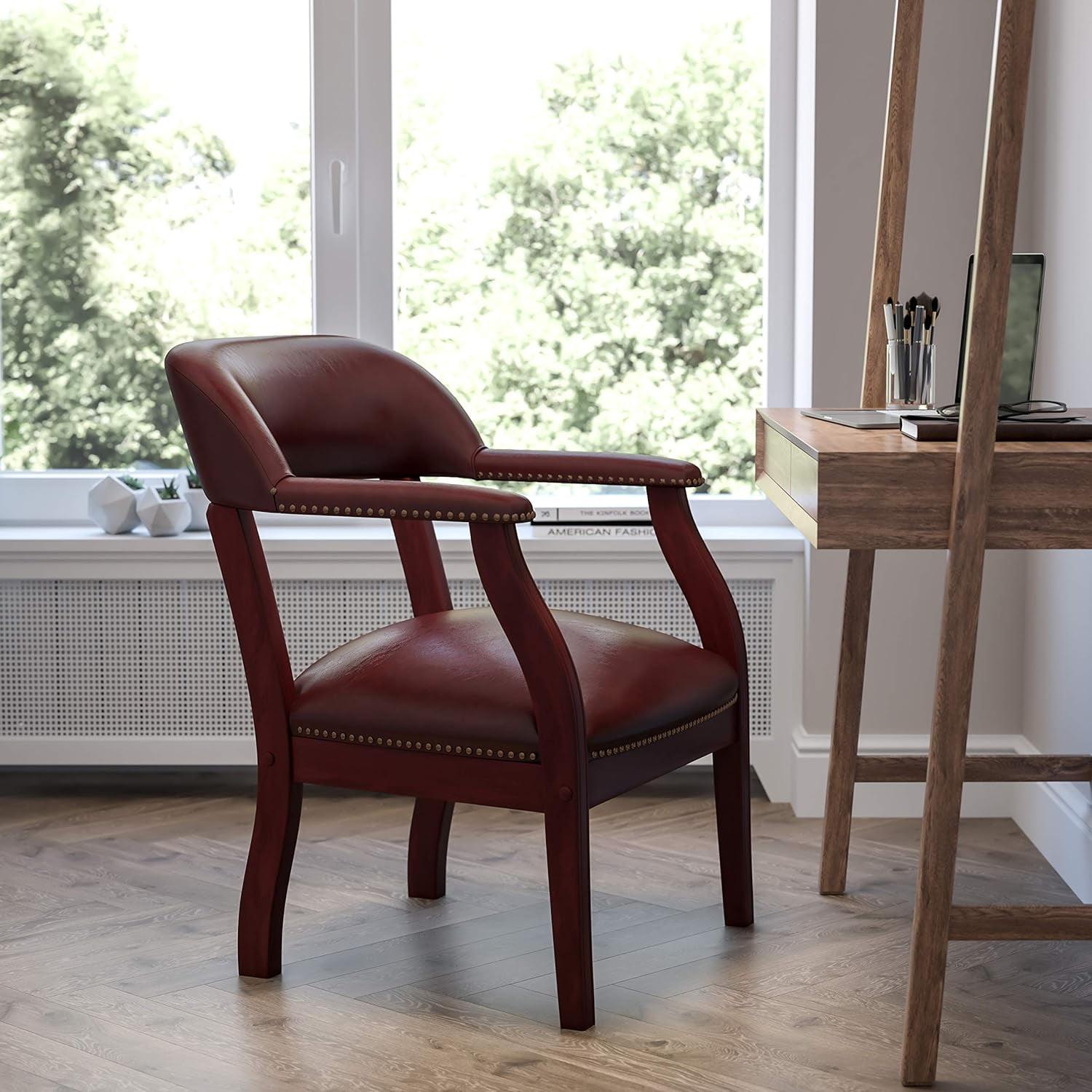 Oxblood Vinyl and Mahogany Traditional Accent Chair