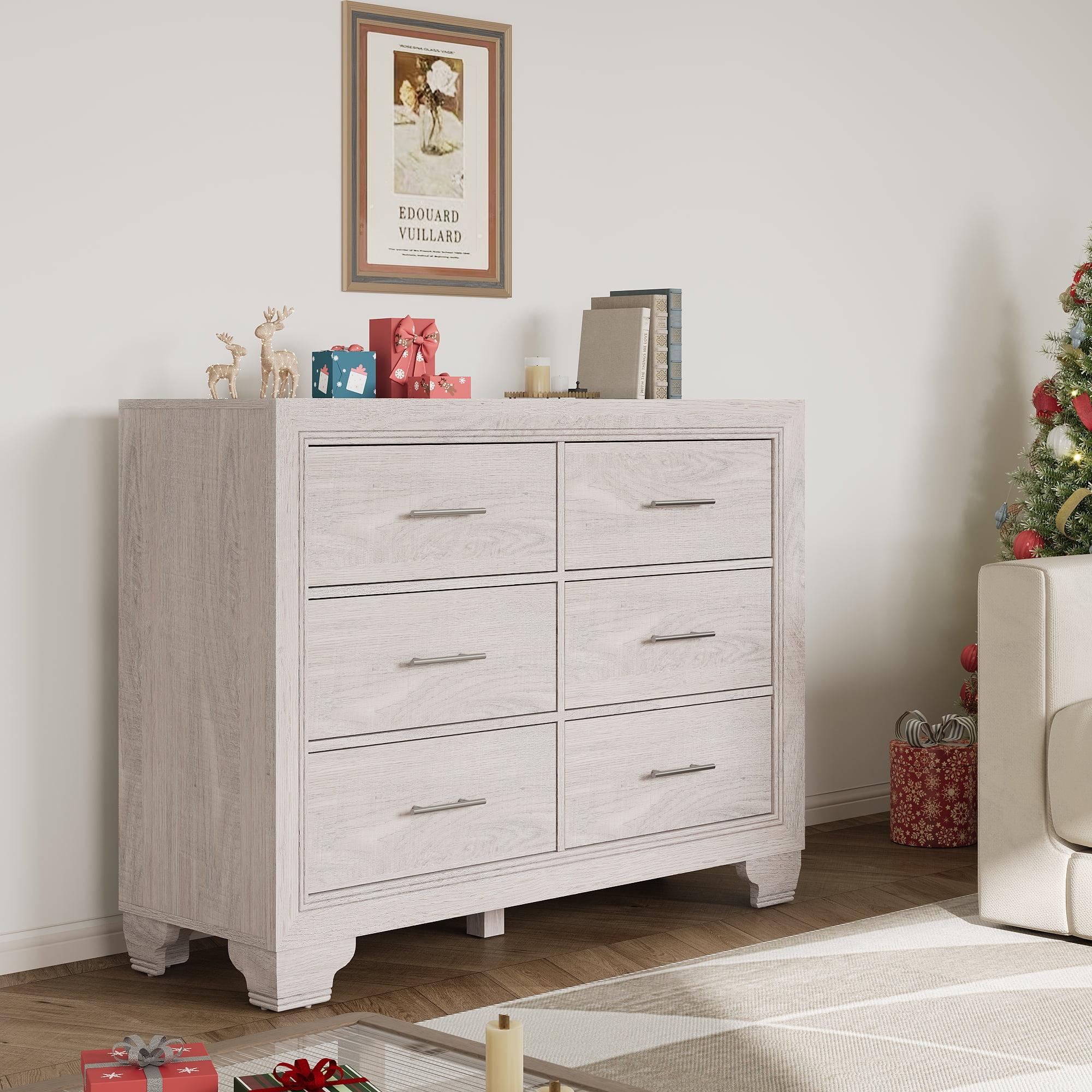 White Mid-Century Modern 6-Drawer Dresser with Mirror