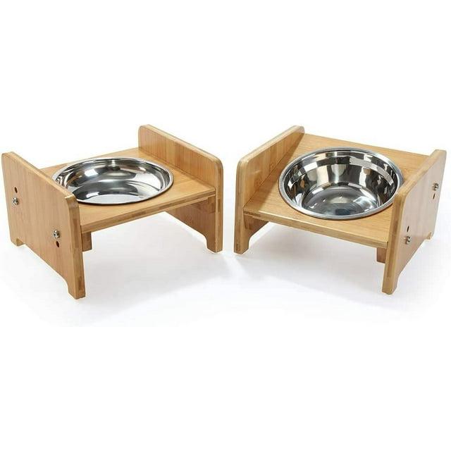 YY FOREYY Juego de 2 Tazones Elevados para Perros y Gatos, Tazones de Agua y Comida para Perros con Inclinación de Bambú, Comedero con 3 Tazones de Acero Inoxidable y Patas Antideslizantes para una Alimentación Cómoda