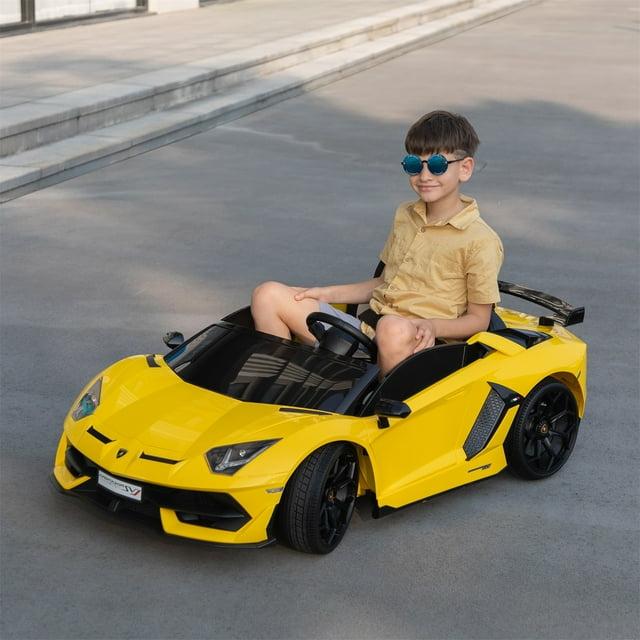 Tobbi 24V Lamborghini 2-seater Battery Powered Ride on with High/Low speed switch, Slow start function, Battery level display, MP3, USB, Light Drift Car for Kids 3-8