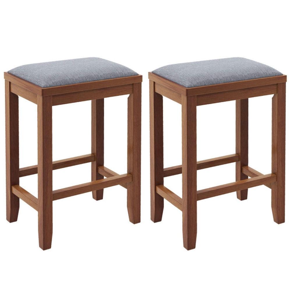 Brown Rubber Wood Backless Bar Stools with Upholstered Seat, Set of 2