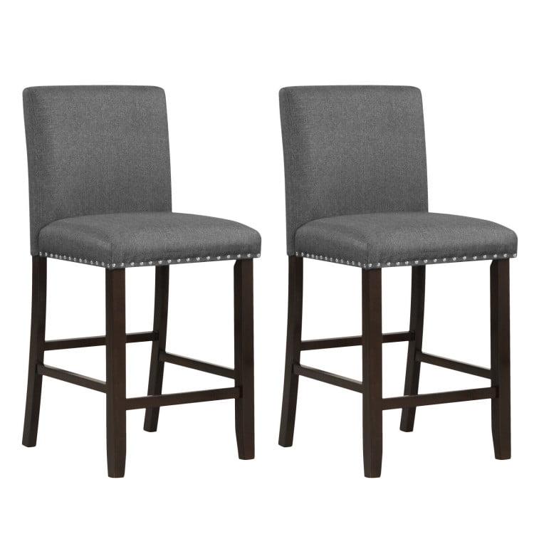 Set of 2 Gray Leather and Wood Bar Stools with Rivet Details