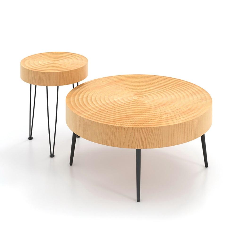 Round Natural Wood and Metal Nesting Coffee Table Set