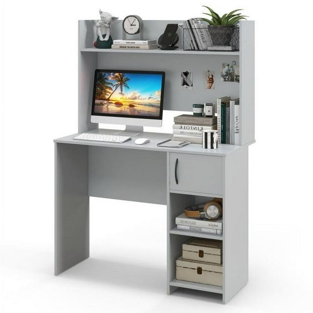Tangkula Computer Desk Home Office Desk w/ Raised Display Shelf & 2 Open Shelves Gray