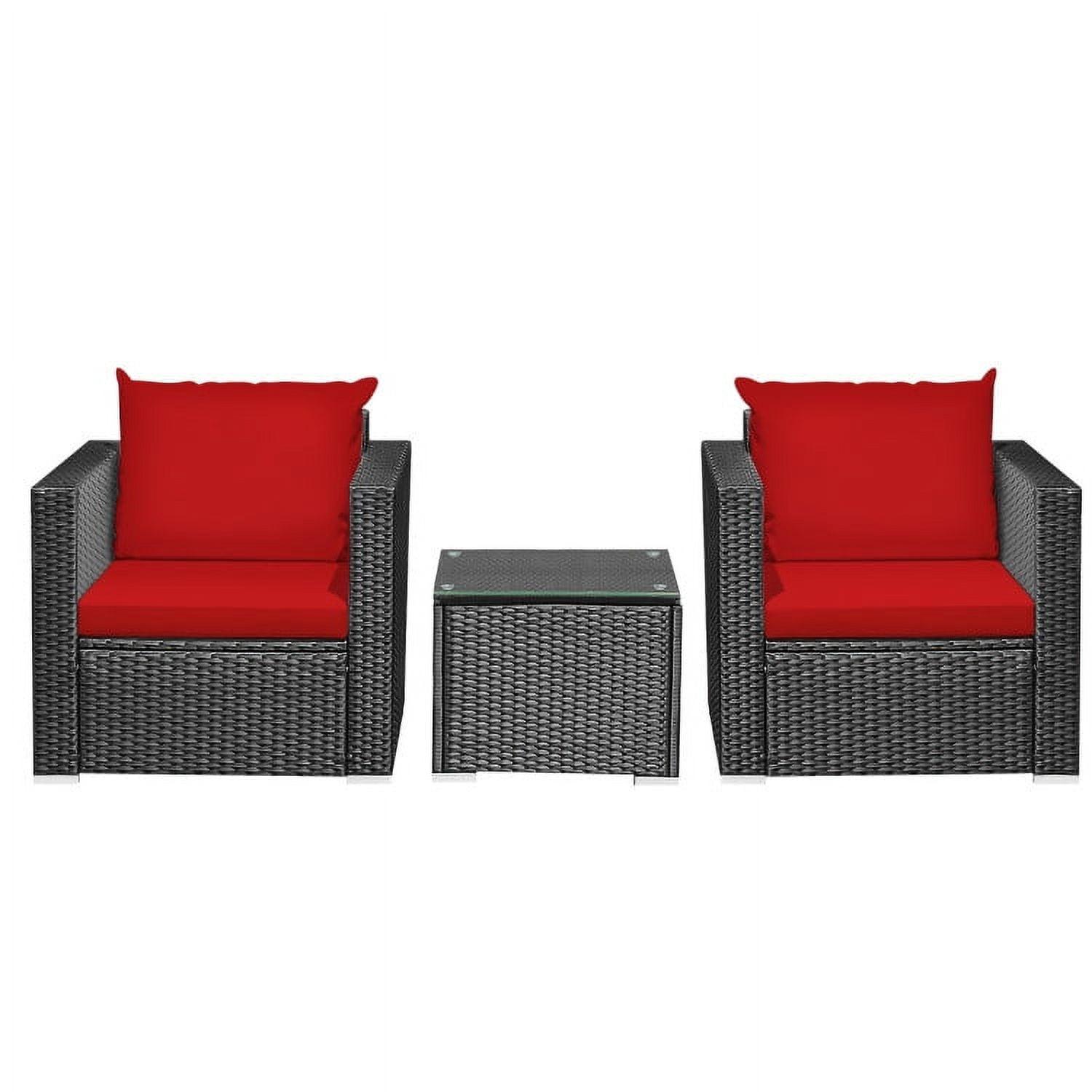 Costway 3PCS Patio Rattan Wicker Furniture Set Sofa Table W/Cushion Yard Red