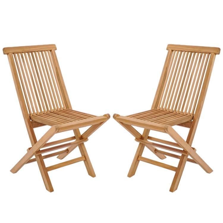 Teak High-Back Slatted Folding Outdoor Chairs, Set of 2