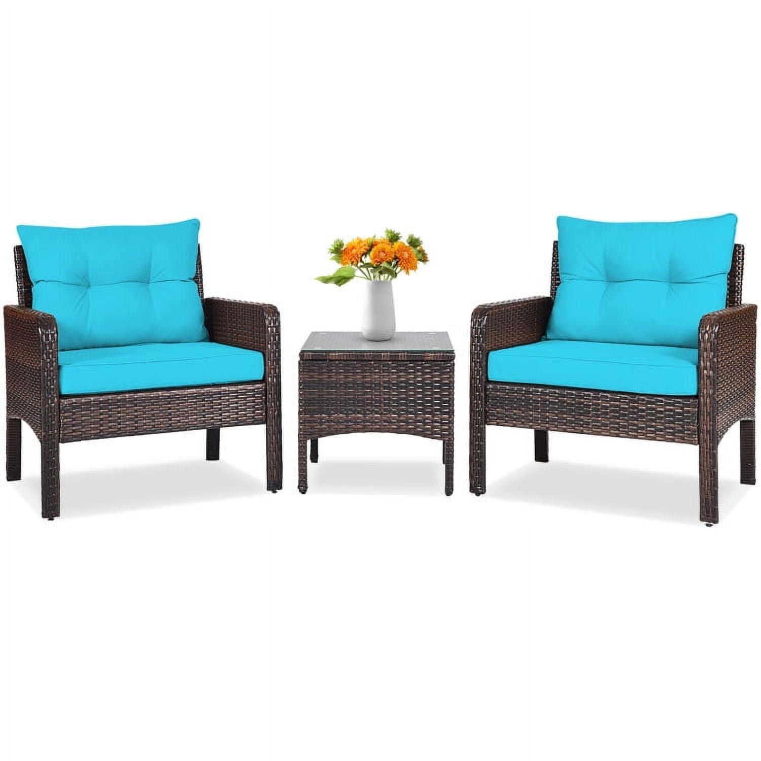 YYAo Garden Conversation Table Set, Conversation Loveseat Chairs Set, 3 Pcs Outdoor Patio Rattan Conversation Set with Seat Cushions-Turquoise