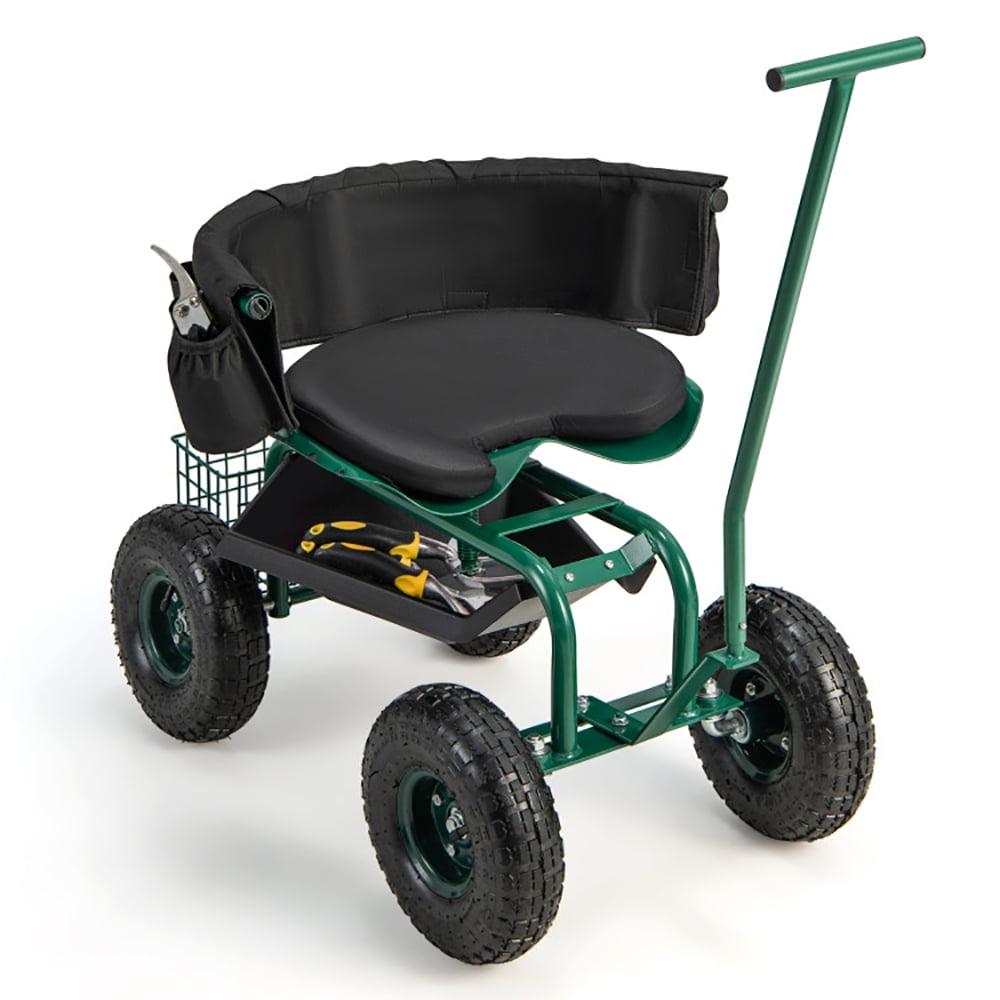 YYAo Lawn Cart, Outdoor Yard Cart Truck, Rolling Garden Cart with Height Adjustable Swivel Seat and Storage Basket-Green