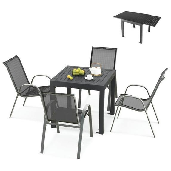 Yardi Yard Outdoor Dining Table Set with Sturdy Metal Frame, Table with Adjustable Footpads and 4 Chairs with Curved Armrests, Dining Table Set for Outdoor as Garden, Patio, Gray