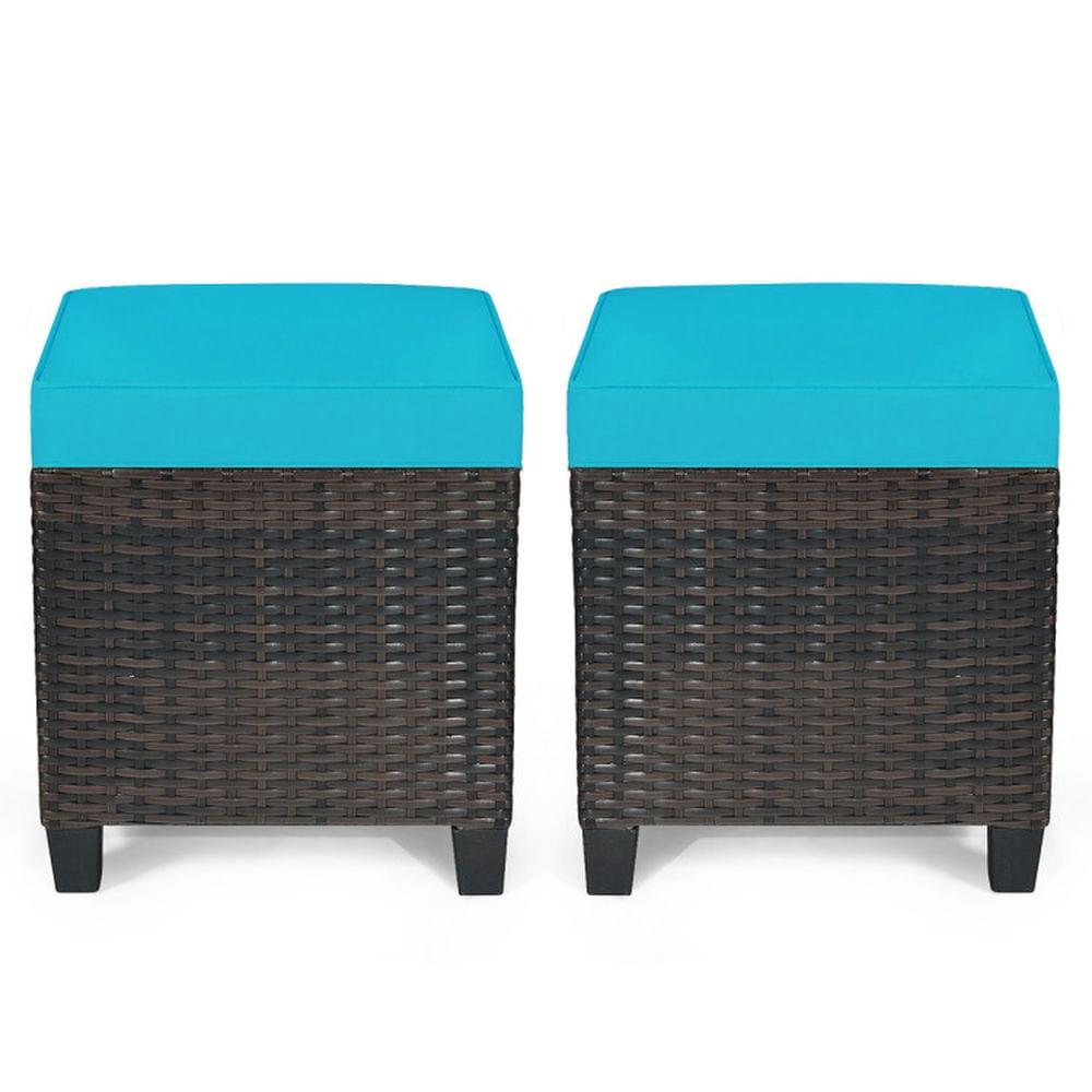 Costway 2PCS Patio Rattan Ottoman Cushioned Seat w/ Foot Rest Turquoise
