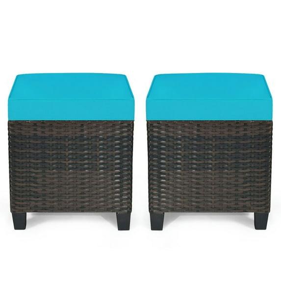 Costway 2PCS Patio Rattan Ottoman Cushioned Seat w/ Foot Rest Turquoise