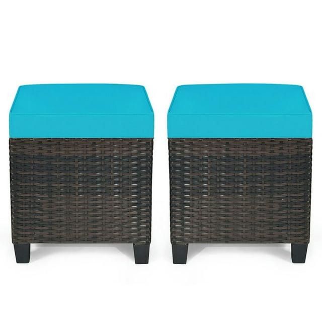 Costway 2PCS Patio Rattan Ottoman Cushioned Seat w/ Foot Rest Turquoise