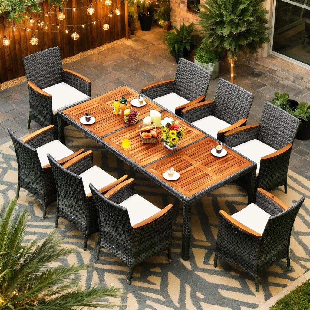 Costway 9 Pieces Outdoor Wicker Dining Set with Acacia Wood Table and 8 Armchairs