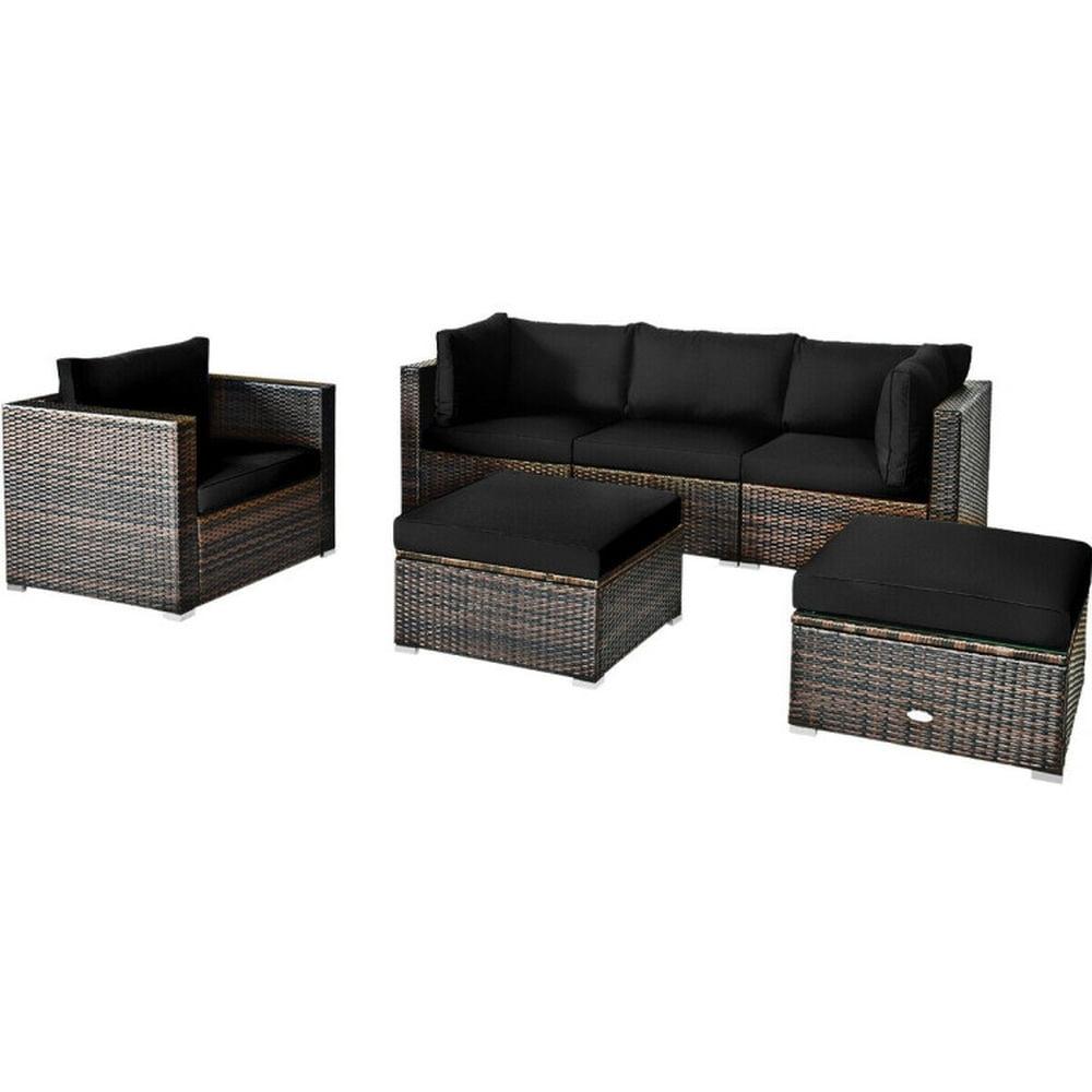 6-Piece Black Rattan Outdoor Patio Furniture Set with Cushions