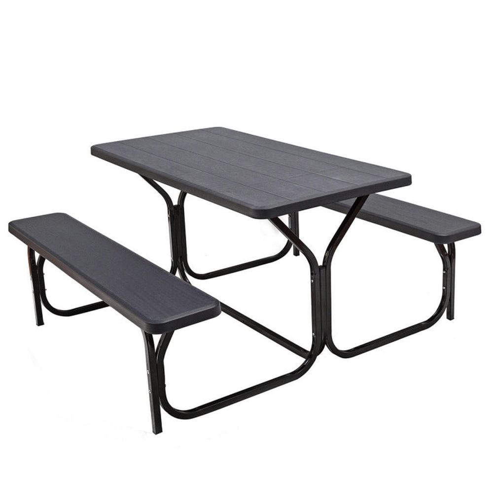 Kepooman Picnic Table, Camping Table, HDPE Outdoor Picnic Table Bench Set with Metal Base-Black