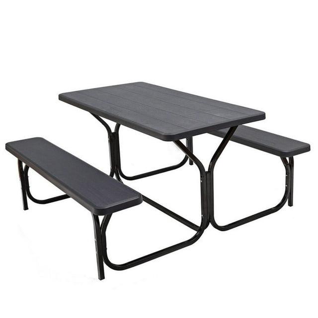 Kepooman Picnic Table, Camping Table, HDPE Outdoor Picnic Table Bench Set with Metal Base-Black