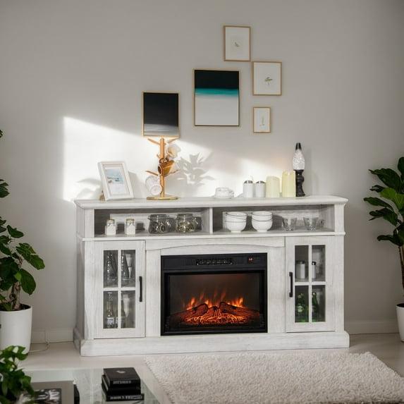 Spaco Fireplace TV Stand for TVs Up to 65 Inch with Side Cabinets and Remote Control-Gray, Mid Century Modern TV Stand for Living Room Bedroom