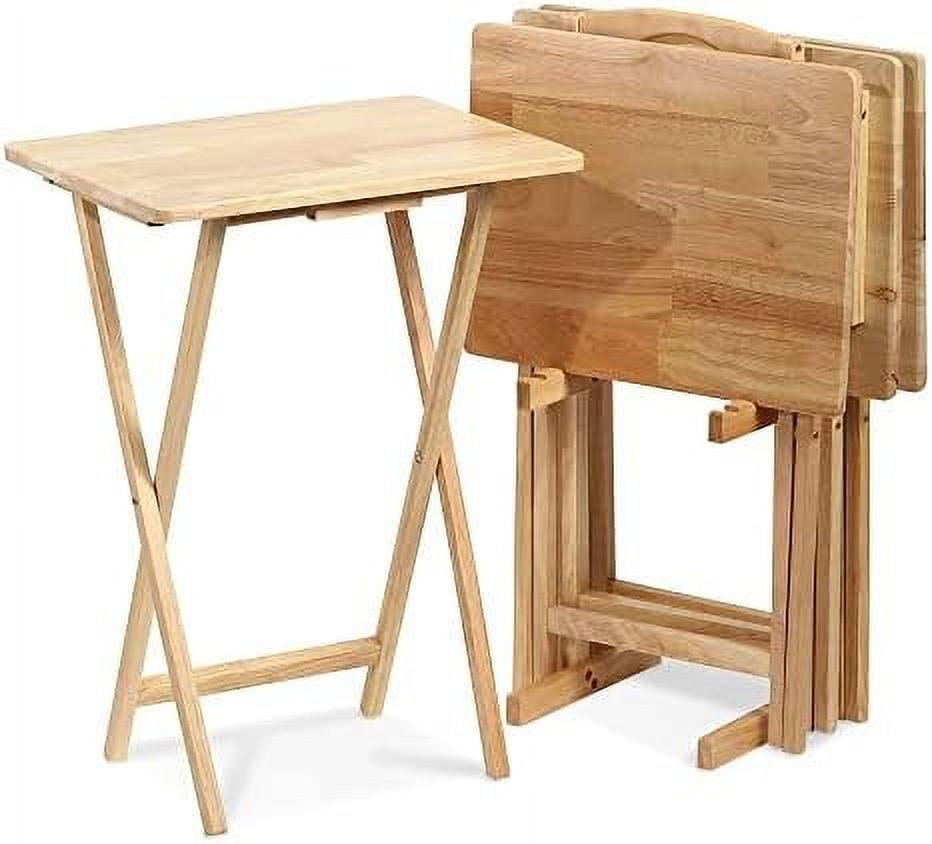 Solid Rubberwood Natural Finish Folding TV Tray Table Set