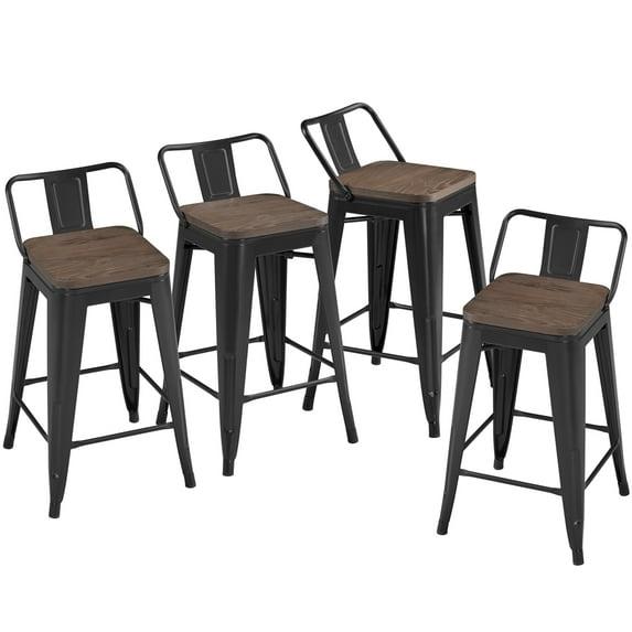 Killeryuki 24'' Metal Bar Stool 4PCS Low Back Conuter Stools for Indoor/Outdoor Barstools Metal Black Stools Bar Chairs w/Wooden Seat Metal Leg Industrial Counter Height Stools Black