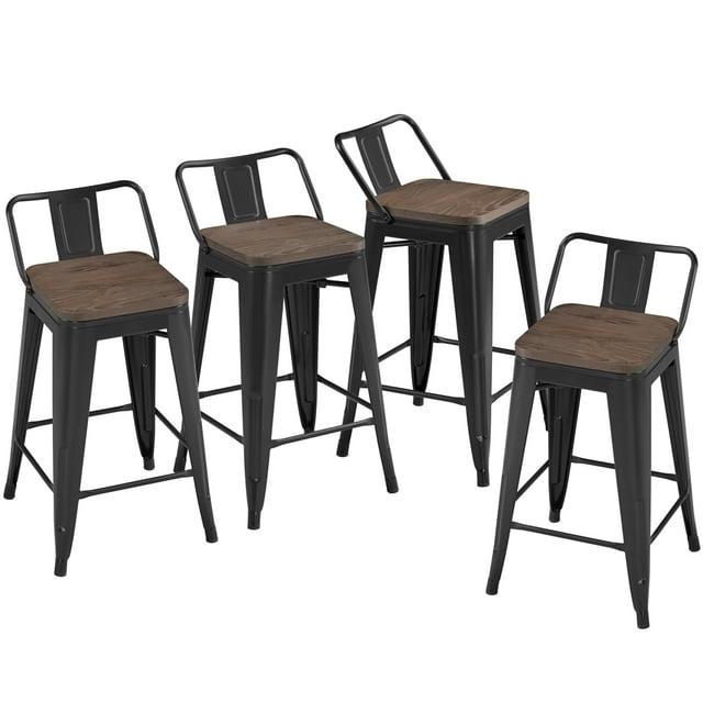 Killeryuki 24'' Metal Bar Stool 4PCS Low Back Conuter Stools for Indoor/Outdoor Barstools Metal Black Stools Bar Chairs w/Wooden Seat Metal Leg Industrial Counter Height Stools Black