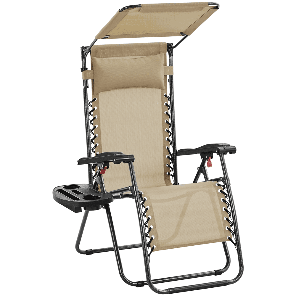 Beige Adjustable Zero Gravity Outdoor Lounger with Sunshade and Cupholder