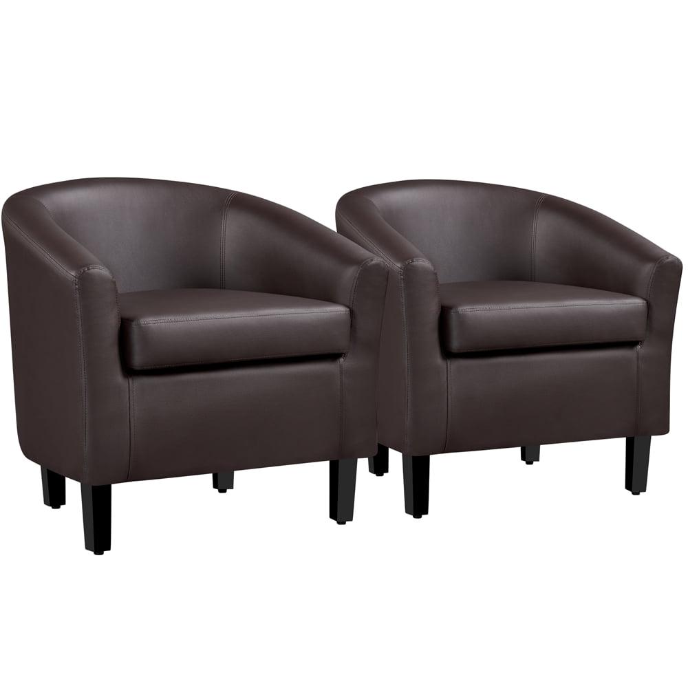 Espresso Faux Leather Barrel Accent Chair Set with Wooden Legs