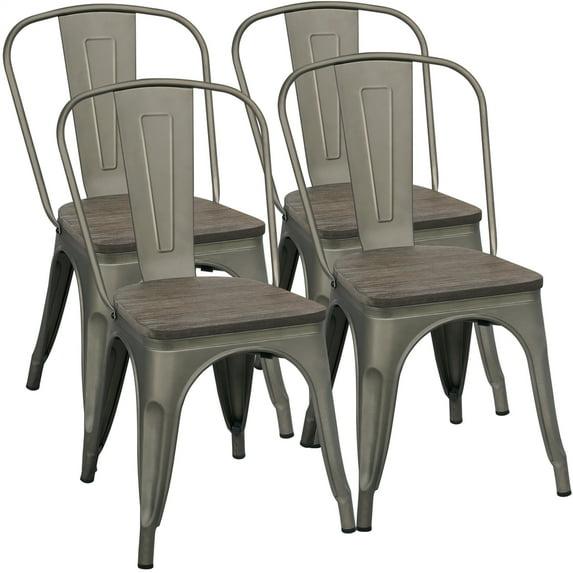Yaheetech 4 pcs Metal Fir Wood Chairs Stackable Dining Chair Wooden Seat with Backrest Footrests Armless Stool for Home Trattoria Bistro Cafe Shop,Gun Metal