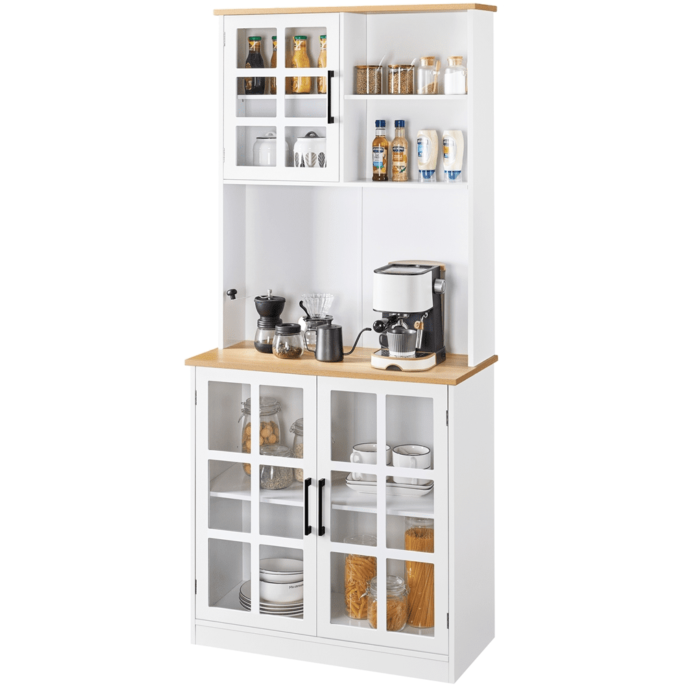 White MDF and Rubberwood Kitchen Pantry with Glass Doors