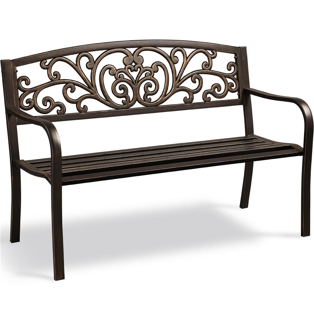 Bronze Floral Design Outdoor Steel Bench with Slatted Seat