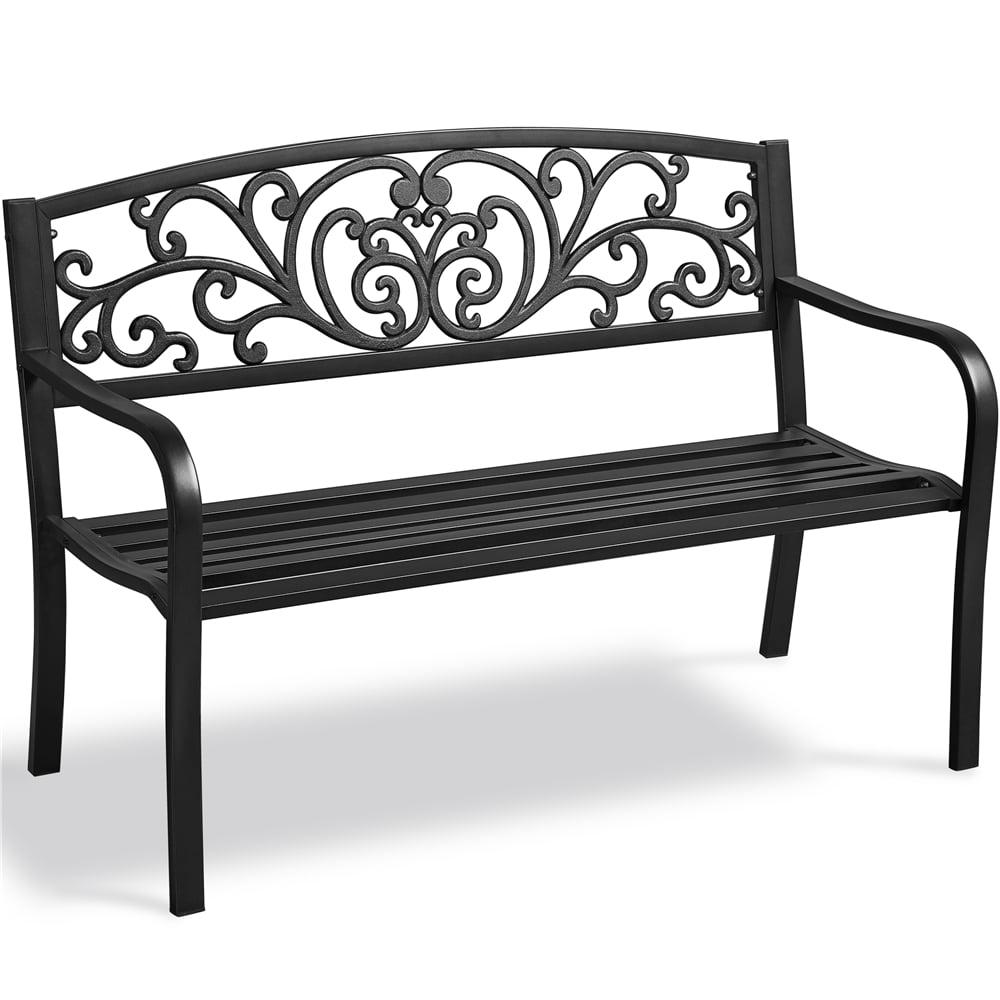 Black Steel Outdoor Bench with Floral Backrest, 52"