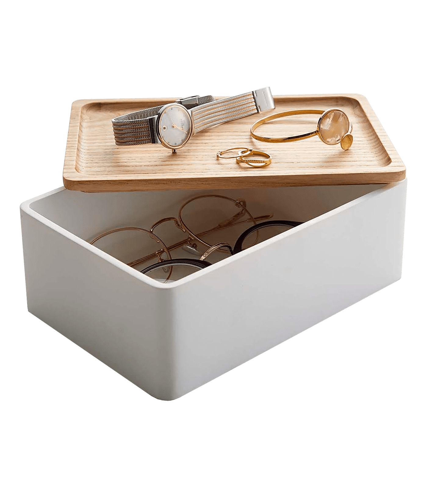 White Polystone Rectangular Accessory Box with Wooden Lid